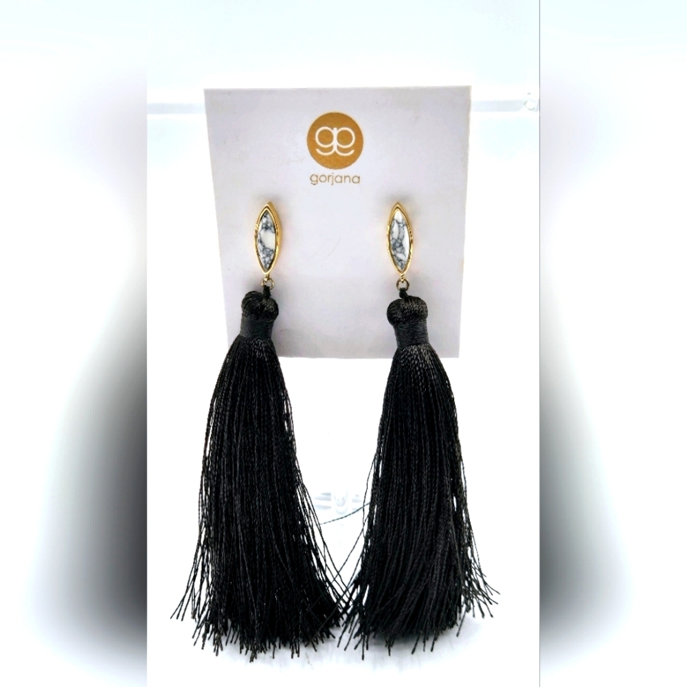 GORJANA NWT Tassle Marble Statement Earrings Black Gold White Marble